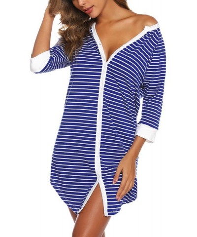 Women's Pajama Striped Cotton Nightgown Button Down Nightshirt 3/4 Sleeve Sleepshirt Plus Size - Blue - CS18ZR22C2U $36.31 Ni...