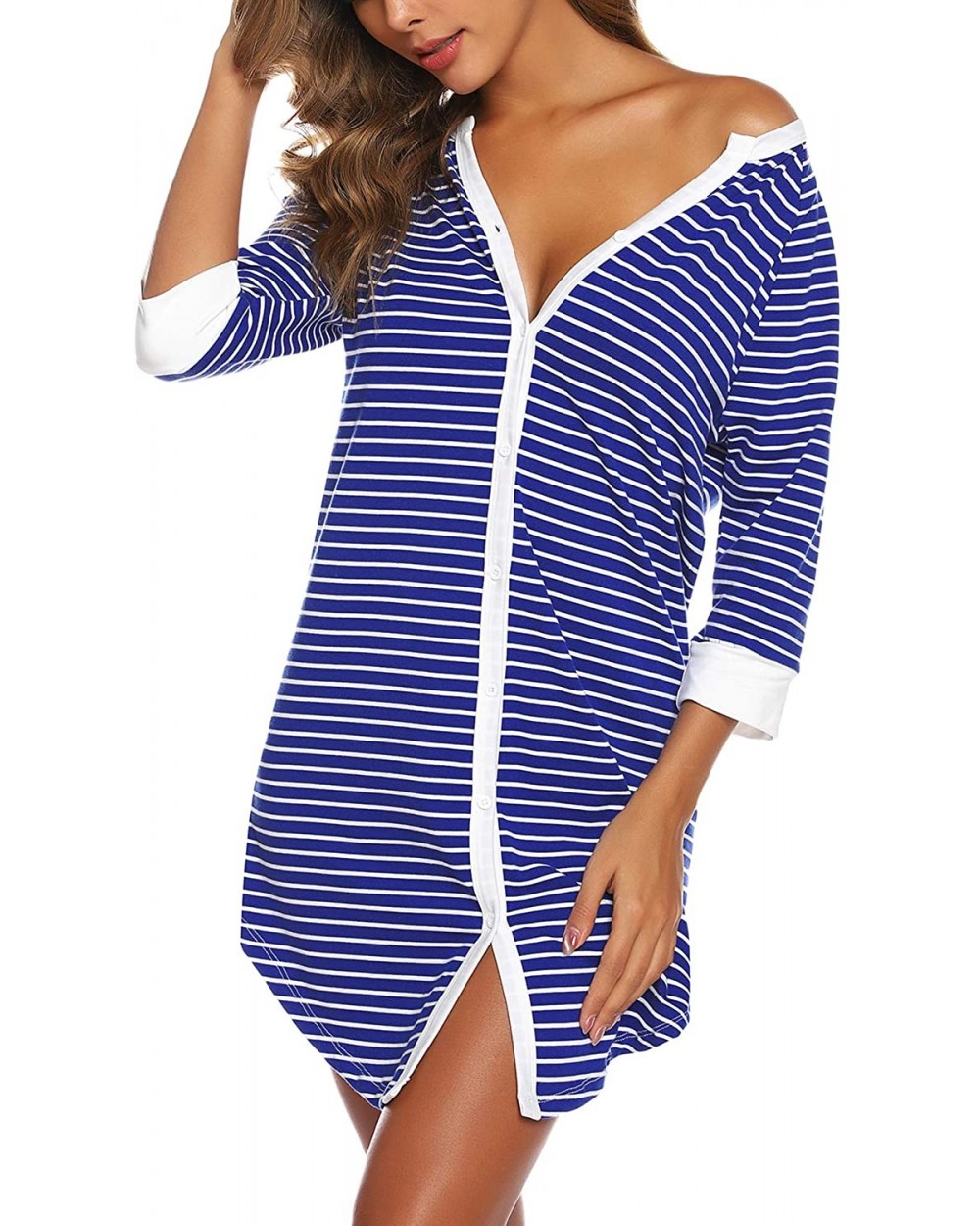 Women's Pajama Striped Cotton Nightgown Button Down Nightshirt 3/4 Sleeve Sleepshirt Plus Size - Blue - CS18ZR22C2U $36.31 Ni...