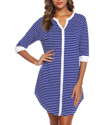 Women's Pajama Striped Cotton Nightgown Button Down Nightshirt 3/4 Sleeve Sleepshirt Plus Size - Blue - CS18ZR22C2U $36.31 Ni...