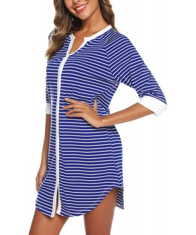 Women's Pajama Striped Cotton Nightgown Button Down Nightshirt 3/4 Sleeve Sleepshirt Plus Size - Blue - CS18ZR22C2U $36.31 Ni...