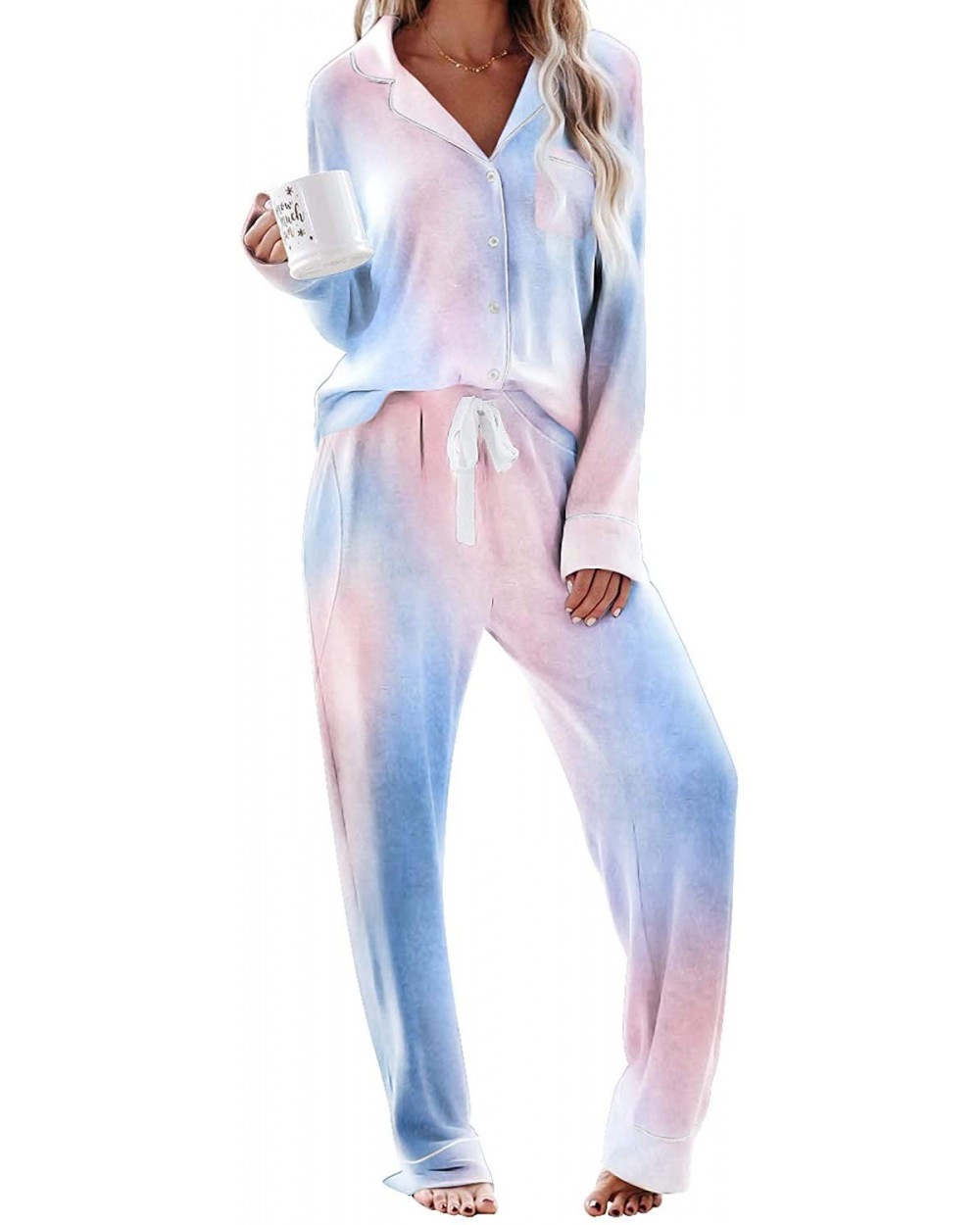 Women Long Sleeve Button Down Shirt with Pants Casual Pajama Sets - Blue-y - CW198D3M270 $61.13 Sets