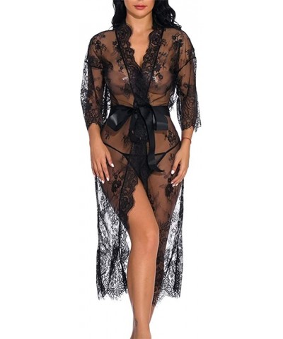 Womens Lingerie Sexy Long Lace Bra Dress Sheer Gown See Through Kimono Robe - Black - CP18YZRGTW0 $25.99 Bras