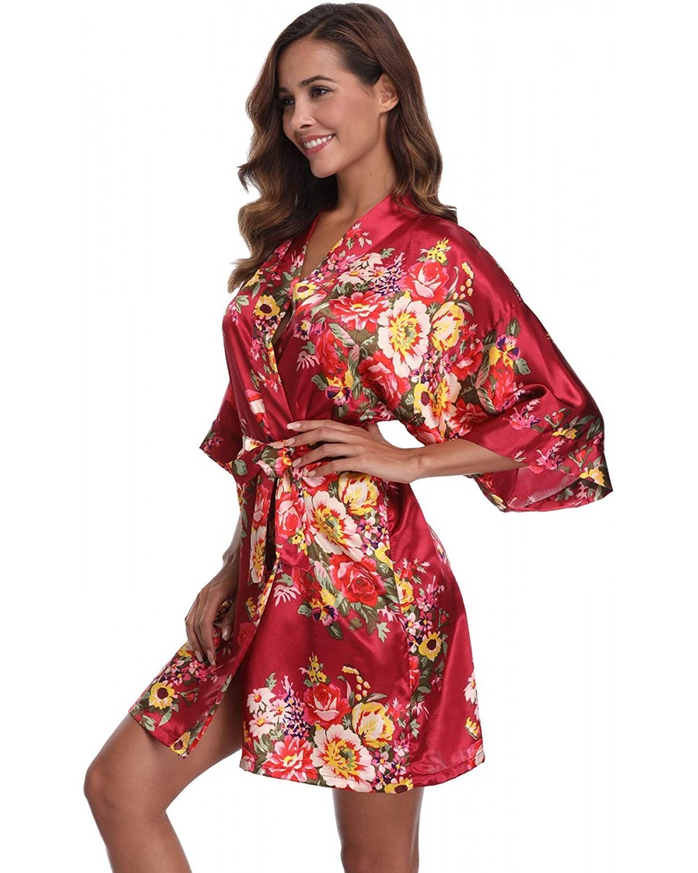 Women's Floral Short Robe Silk Kimono Bathrobe for Bride Bridesmaids Nightgown - Red - C91804I2Q25 $20.56 Robes