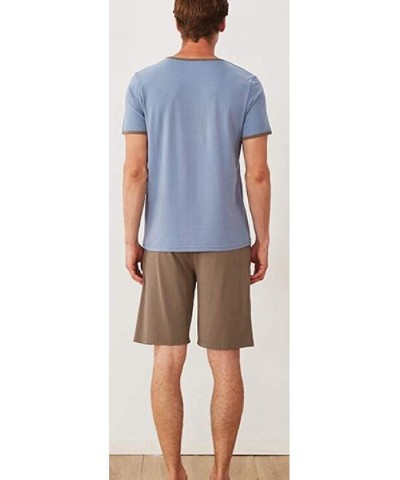 Men Lounge Striped Summer Short-Sleeve Shorts-&-Shirt Sleepwears Cotton Henry Pajama Set - 1 - CM19DG25YC0 $53.08 Sleep Sets