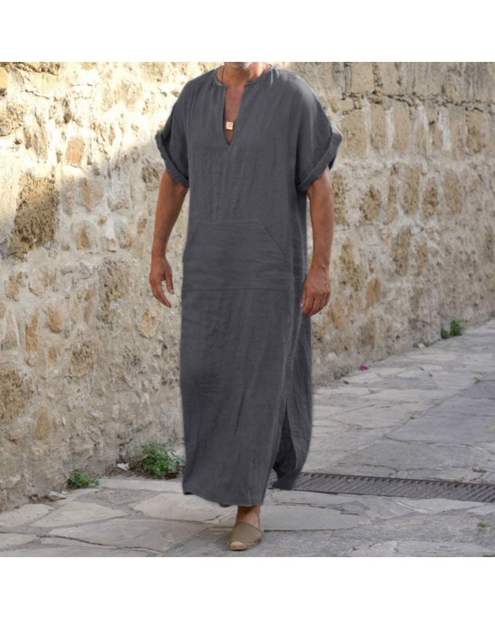 Plus Size Men Robes V-Neck Short Sleeve Solid Color Loungewear Cotton Vintage Men Muslim Arab Islamic Kaftan-Darkgray-XXXXL -...