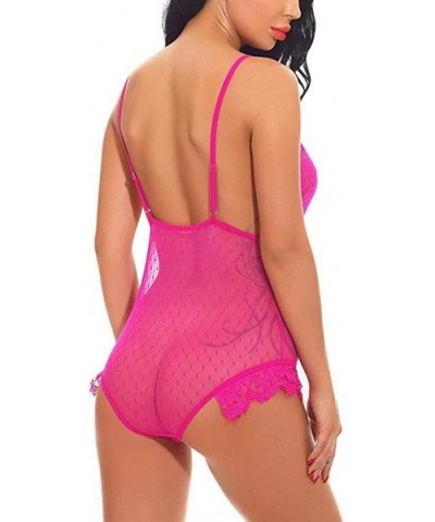 New Lingerie for Women Sexy Lace One Piece Teddy Babydoll V-Neck Halter Sheer Mesh Bodysuit Jumpsuit - Hot Pink - CL18ZEGUD6M...