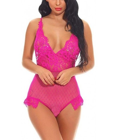 New Lingerie for Women Sexy Lace One Piece Teddy Babydoll V-Neck Halter Sheer Mesh Bodysuit Jumpsuit - Hot Pink - CL18ZEGUD6M...