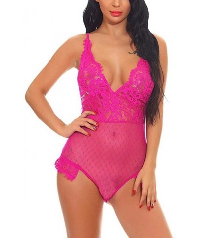 New Lingerie for Women Sexy Lace One Piece Teddy Babydoll V-Neck Halter Sheer Mesh Bodysuit Jumpsuit - Hot Pink - CL18ZEGUD6M...