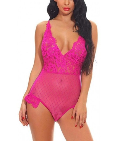 New Lingerie for Women Sexy Lace One Piece Teddy Babydoll V-Neck Halter Sheer Mesh Bodysuit Jumpsuit - Hot Pink - CL18ZEGUD6M...