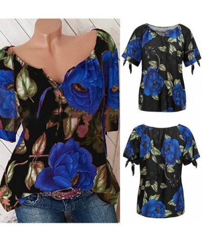 Lace Printed Tops Women Short Sleeve V-Neck Loose T-Shirt Blouse - B Black - CI18U9ROYON $38.95 Thermal Underwear