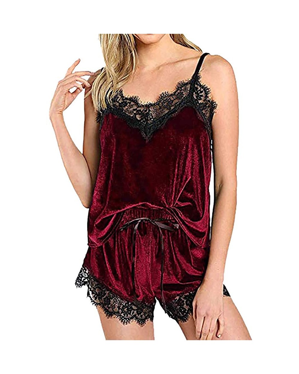 2PCS Womens Sexy Satin Lingerie Sleeveless Pajamas Embroidery Flower Underwear - A Wine - CM18NZYLA2C $37.68 Shapewear