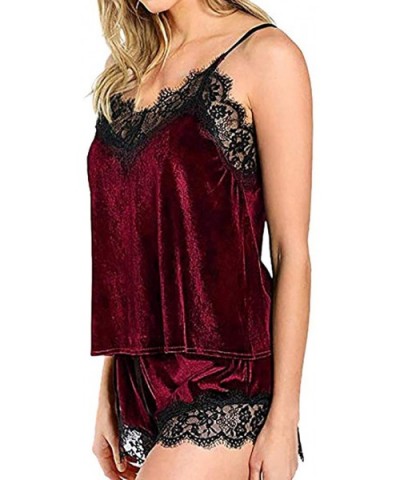 2PCS Womens Sexy Satin Lingerie Sleeveless Pajamas Embroidery Flower Underwear - A Wine - CM18NZYLA2C $37.68 Shapewear