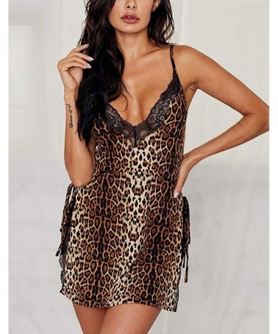 Sexy Satin Lingerie Silky Sleepwear Babydoll Set - D Leopard Animal Print - CQ194W7TO23 $21.92 Baby Dolls & Chemises