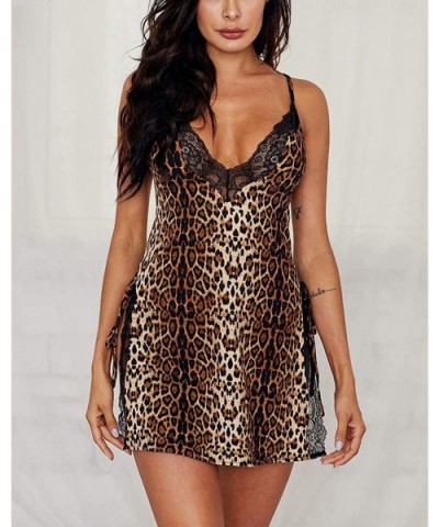 Sexy Satin Lingerie Silky Sleepwear Babydoll Set - D Leopard Animal Print - CQ194W7TO23 $21.92 Baby Dolls & Chemises