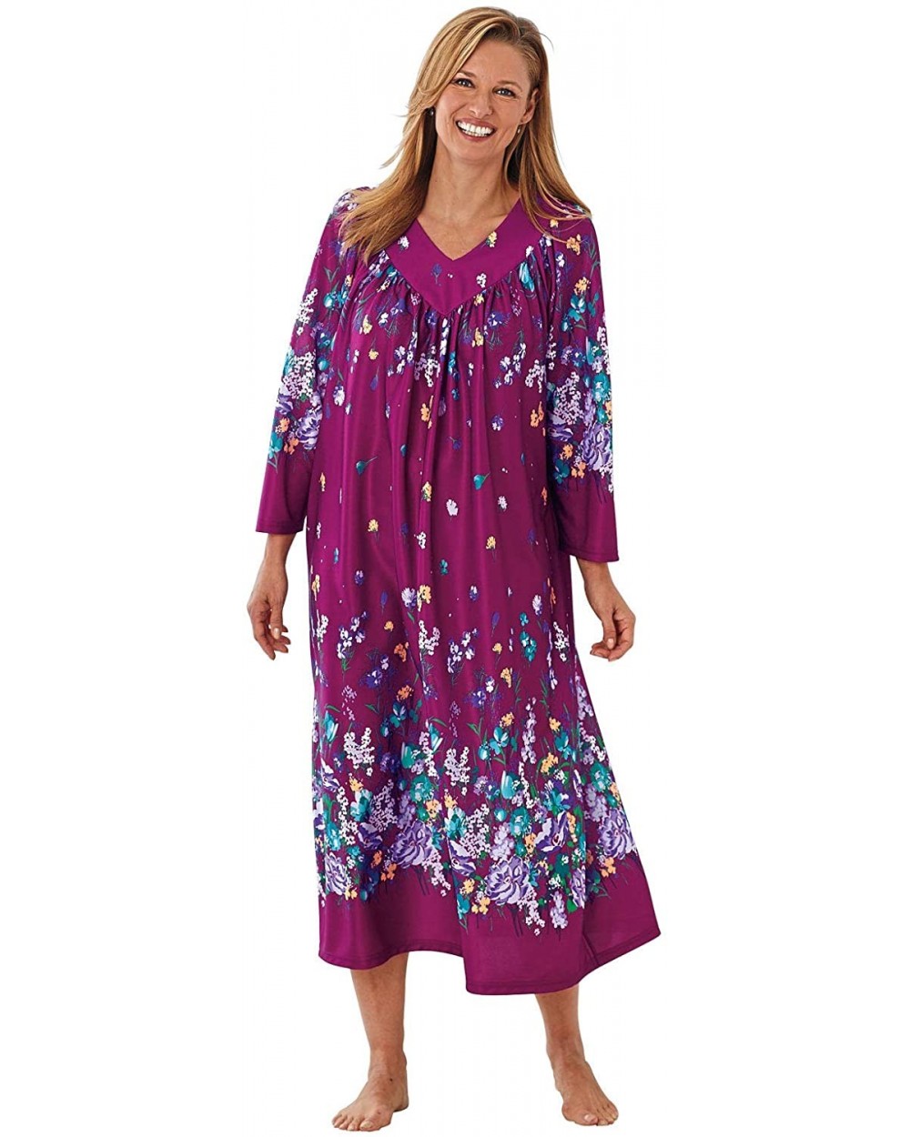 Long V-Yoke Lounger - Fuschia - C0190RH4QHA $41.94 Nightgowns & Sleepshirts