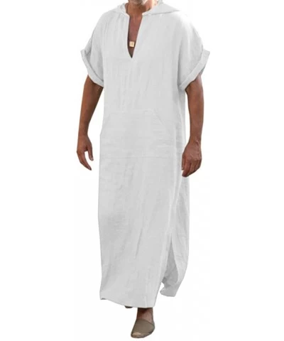 Mens Kaftan Hooded Robe Linen Loungewear V Neck Long Night Gown Shirt Thobe - C-white - C219339HIQO $42.54 Robes