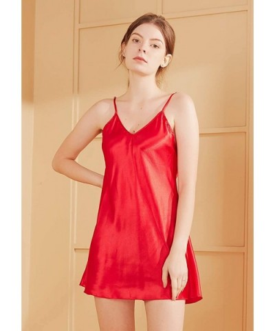 Women's Sexy V Neck Babydoll Lingerie Satin Chemise Pajamas Spaghetti Strap Full Slip Sleepwear Nightgowns - Red - CS197K8OC4...