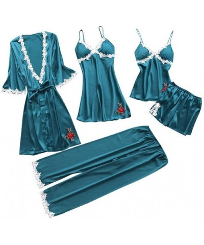 5PC Sexy Lingerie Nightgown for Women Lace Rose Nightdress Camisole Pants Bathrobe with Belt - Dark Blue - CC197TAGL5L $44.33...