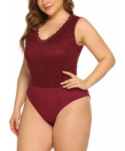 Women Plus Size Bodysuit-Lace Tops Strenchy V Neck Bodycon Leotards with Short Sleeve - Wine Red-2 - CE18O3WG2Z6 $37.30 Shape...