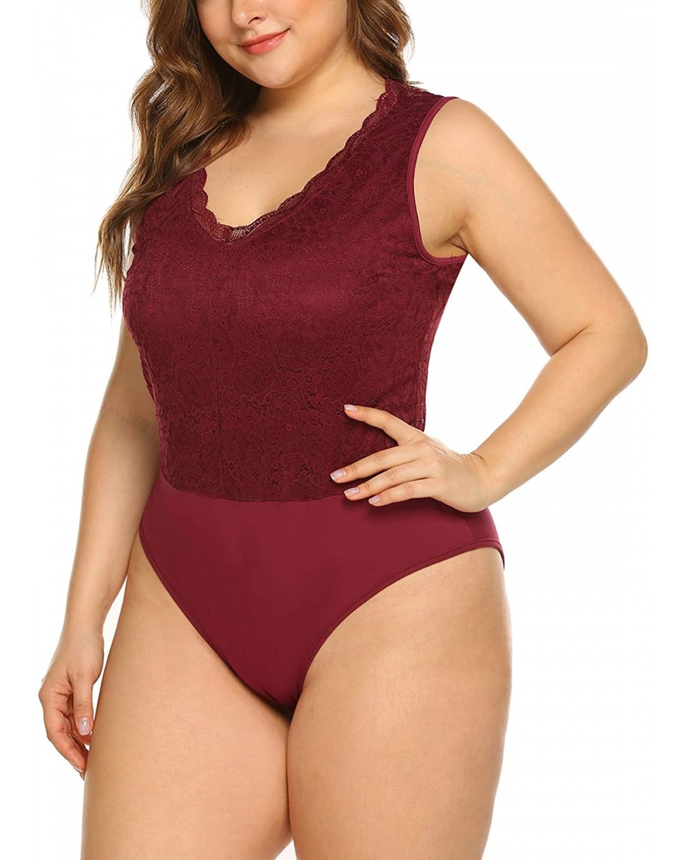 Women Plus Size Bodysuit-Lace Tops Strenchy V Neck Bodycon Leotards with Short Sleeve - Wine Red-2 - CE18O3WG2Z6 $37.30 Shape...