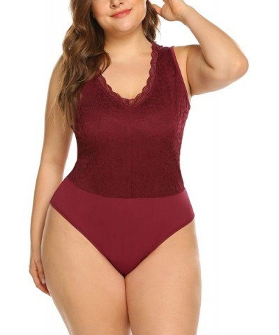 Women Plus Size Bodysuit-Lace Tops Strenchy V Neck Bodycon Leotards with Short Sleeve - Wine Red-2 - CE18O3WG2Z6 $37.30 Shape...