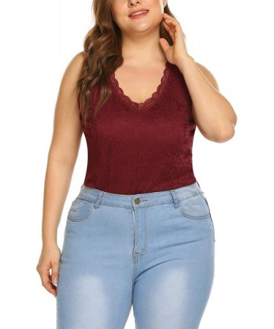 Women Plus Size Bodysuit-Lace Tops Strenchy V Neck Bodycon Leotards with Short Sleeve - Wine Red-2 - CE18O3WG2Z6 $37.30 Shape...