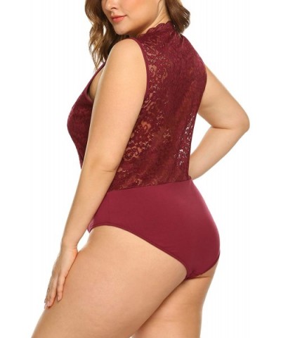 Women Plus Size Bodysuit-Lace Tops Strenchy V Neck Bodycon Leotards with Short Sleeve - Wine Red-2 - CE18O3WG2Z6 $37.30 Shape...