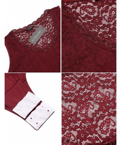 Women Plus Size Bodysuit-Lace Tops Strenchy V Neck Bodycon Leotards with Short Sleeve - Wine Red-2 - CE18O3WG2Z6 $37.30 Shape...