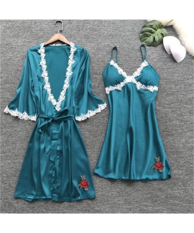 5PC Sexy Lingerie Nightgown for Women Lace Rose Nightdress Camisole Pants Bathrobe with Belt - Dark Blue - CC197TAGL5L $44.33...