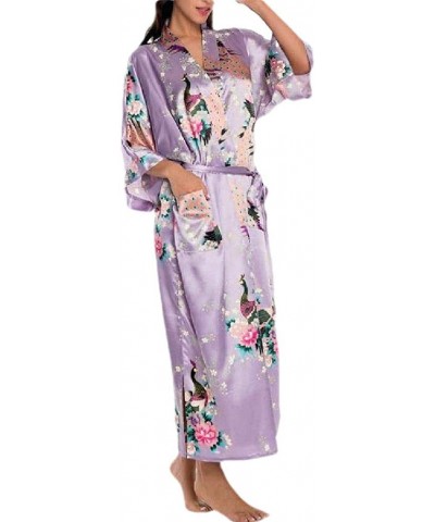 Womens Floral Printed 3/4 Sleeve Charmeuse Belt Soft Plush Spa Robe - Light Purple - CW199SOD89M $43.02 Robes