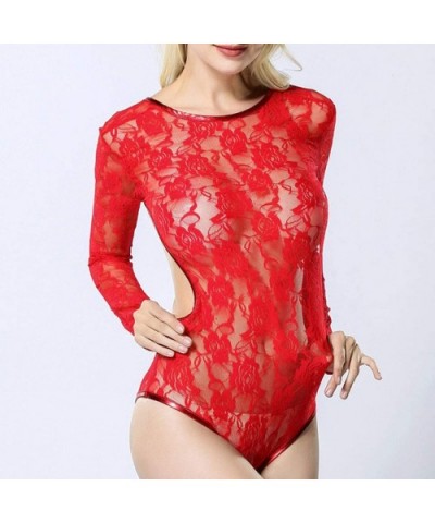 Womens Sexy Long Sleeve Lingerie Bodysuit V-Neck Teddy Babydoll Sleepwear - Red - C8193LL87ZN $24.10 Garters & Garter Belts