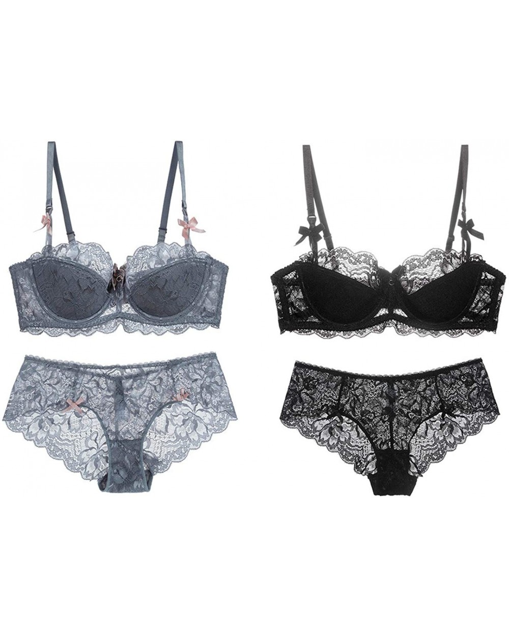 Sexy Lace Push Up Thin Bra Set Floral Embroidery Underwear for Women - Gray+black - C71927HUK2M $48.04 Bras