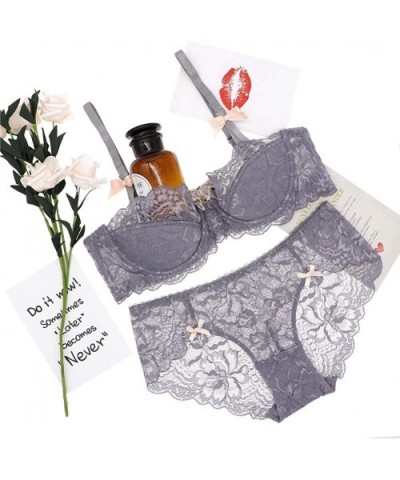 Sexy Lace Push Up Thin Bra Set Floral Embroidery Underwear for Women - Gray+black - C71927HUK2M $48.04 Bras