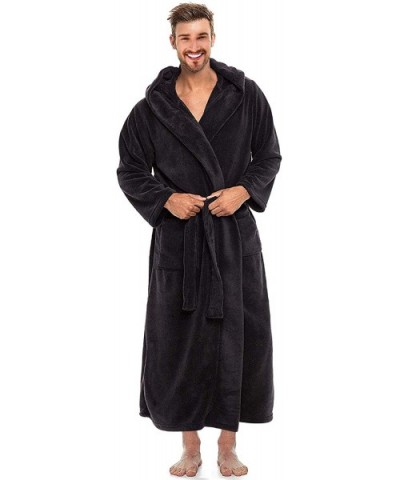 Men's Hooded Fleece Bathrobe- Full Length Warm Plush Robes - Black - CX19DYU94EA $56.81 Robes