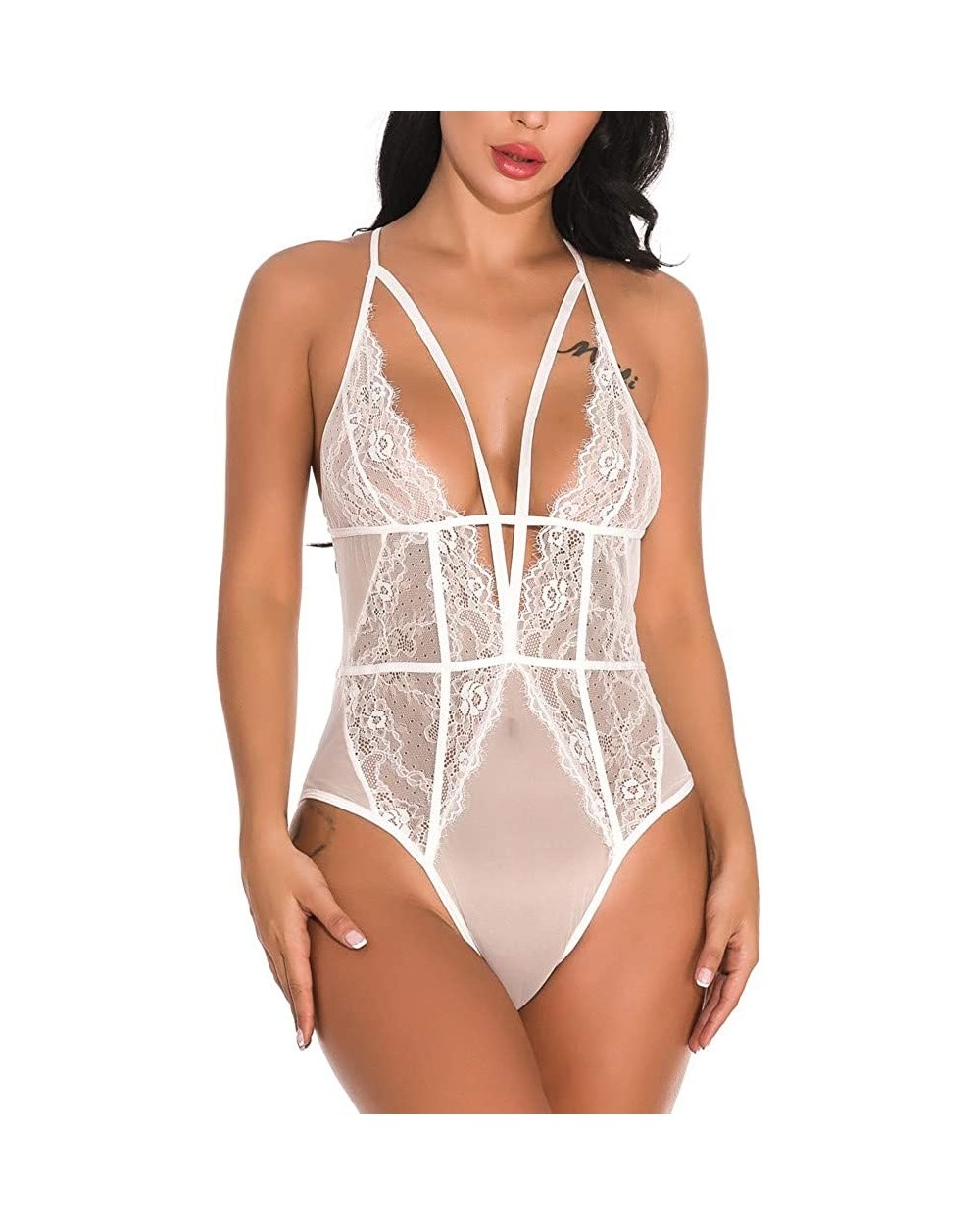 One Piece Women Lace V-Neck Lingerie Jumpsuit Blackless Bodysuit Sleepwear - White - CZ18XTWQT8T $24.26 Slips