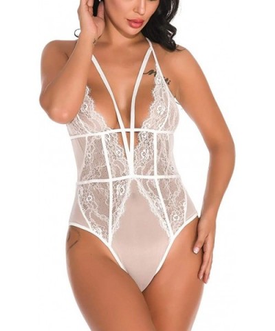 One Piece Women Lace V-Neck Lingerie Jumpsuit Blackless Bodysuit Sleepwear - White - CZ18XTWQT8T $24.26 Slips