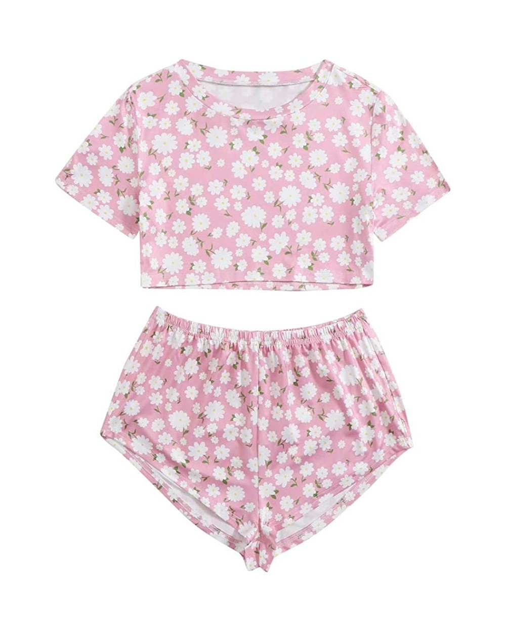 Leisure Spring Summer Short Sleeve Shorts Set Womens Unique Fruit Flower Printed Home Service Set Daily Sports A pink - CU190...