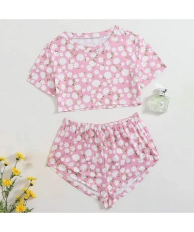 Leisure Spring Summer Short Sleeve Shorts Set Womens Unique Fruit Flower Printed Home Service Set Daily Sports A pink - CU190...