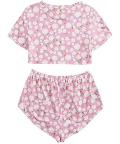 Leisure Spring Summer Short Sleeve Shorts Set Womens Unique Fruit Flower Printed Home Service Set Daily Sports A pink - CU190...