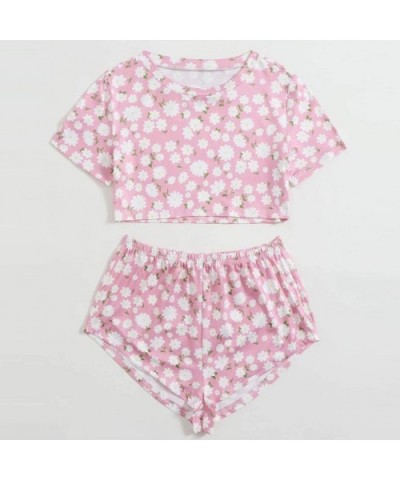 Leisure Spring Summer Short Sleeve Shorts Set Womens Unique Fruit Flower Printed Home Service Set Daily Sports A pink - CU190...