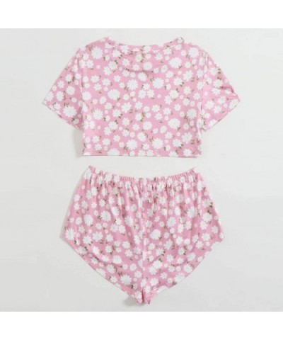 Leisure Spring Summer Short Sleeve Shorts Set Womens Unique Fruit Flower Printed Home Service Set Daily Sports A pink - CU190...