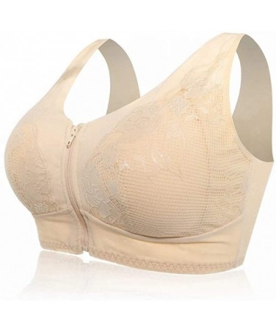 Women's Front Zipper Wireless Bra Non-Trace Straps Anti-Sagging Gathered Bra - Beige - CC18ZQTZRAW $33.49 Slips