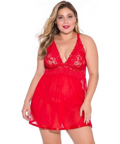 Women Plus Size Lace Babydoll Lingerie Sheer Mesh Chemise Open Back Sleepwear - Red - CQ196SMTE3T $27.54 Baby Dolls & Chemises