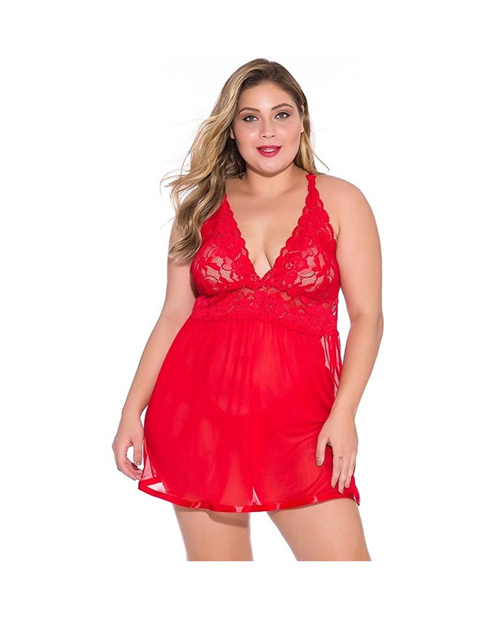 Women Plus Size Lace Babydoll Lingerie Sheer Mesh Chemise Open Back Sleepwear - Red - CQ196SMTE3T $27.54 Baby Dolls & Chemises