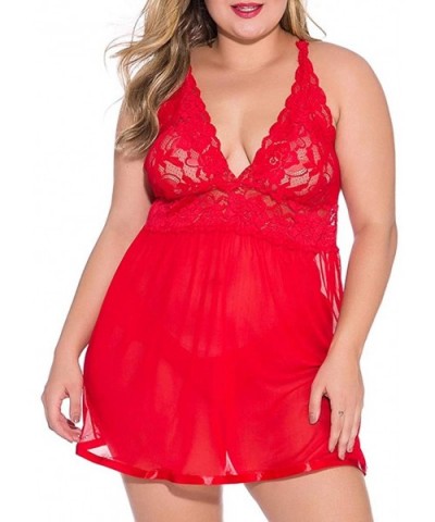 Women Plus Size Lace Babydoll Lingerie Sheer Mesh Chemise Open Back Sleepwear - Red - CQ196SMTE3T $27.54 Baby Dolls & Chemises