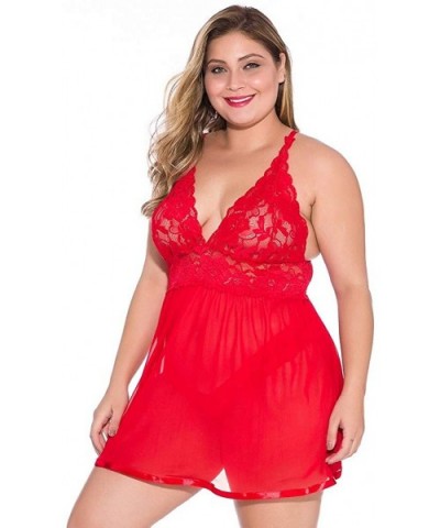 Women Plus Size Lace Babydoll Lingerie Sheer Mesh Chemise Open Back Sleepwear - Red - CQ196SMTE3T $27.54 Baby Dolls & Chemises