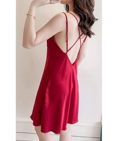 Women's Lace Spaghetti Strap Satin Loungewear Sexy Nightgown Sleep Dress - Wine Red - C619CT7I23E $41.34 Nightgowns & Sleepsh...