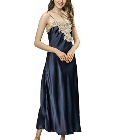 Women's Sexy Satin Long Nightgown Lace Slip Lingerie Chemise Robes - Style2-navy - CS18N7482WW $35.41 Nightgowns & Sleepshirts