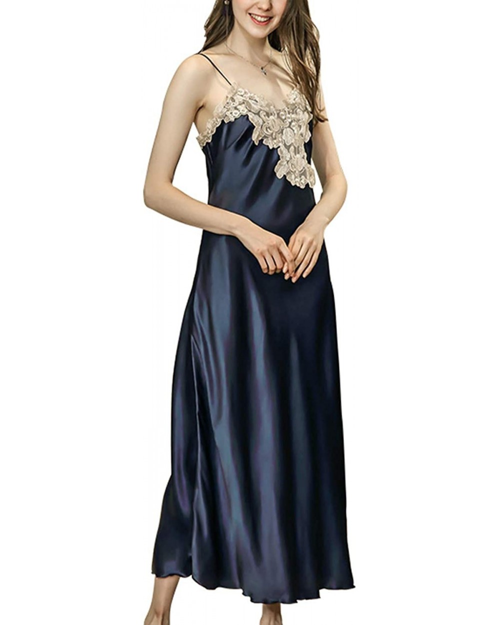 Women's Sexy Satin Long Nightgown Lace Slip Lingerie Chemise Robes - Style2-navy - CS18N7482WW $35.41 Nightgowns & Sleepshirts