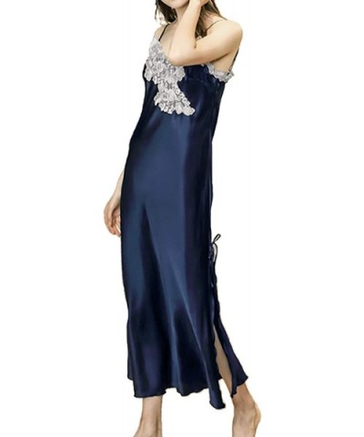 Women's Sexy Satin Long Nightgown Lace Slip Lingerie Chemise Robes - Style2-navy - CS18N7482WW $35.41 Nightgowns & Sleepshirts